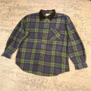 Classic Elements Women L Blue Green Plaid Cotton Flannel Shirt Corduroy Collar